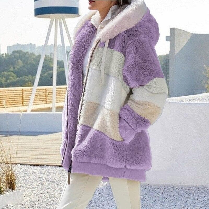 Winter Women's Fashion Hooded Warm Loose Jacket for Women Patchwork Outerwear Zipper Ladies Plus Size Sweaters M purple