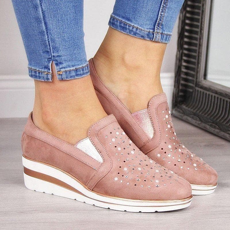 Women Shining Rhinestone Loafers Slip-on Thick Botton Casual Ladies Crystal Shoes Female Slipsole Shoes 42 pink