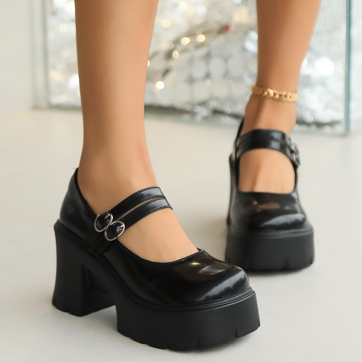 White High Heels Pumps Women 2024 Spring Chunky Platform Mary Jane Shoes Woman Plus Size Thick Heel Gothic Shoes 42 39 black