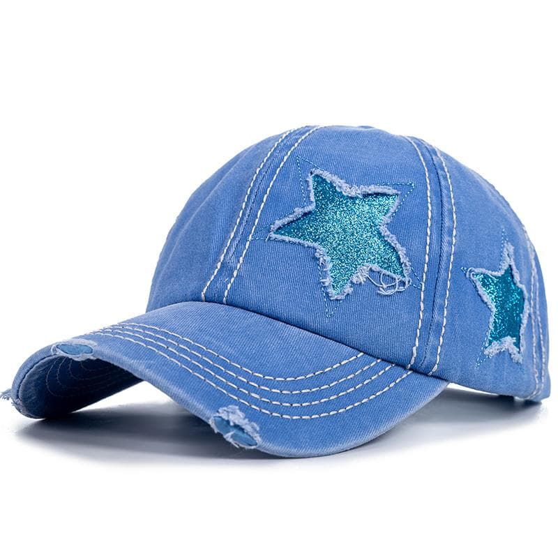 New Fashion Women Ponytail Cap Sequins 5-Point Star Hole Design Baseball Cap Female Washed Cotton Streetwear Hats 56cm-60cm blue