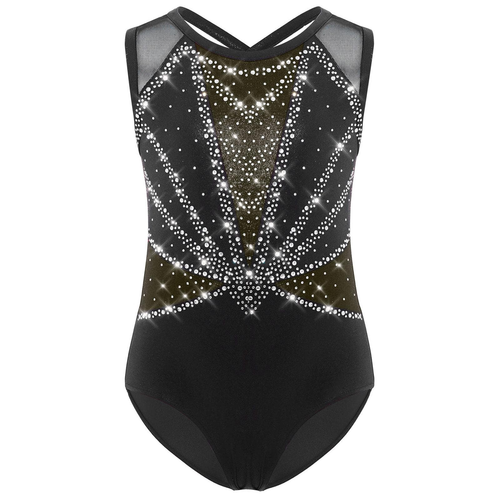 Kids Girls Crisscross Back Leotard Sleeveless Round Neck Shiny Rhinestones Metallic Dance Costume 5-6 Years gold/black
