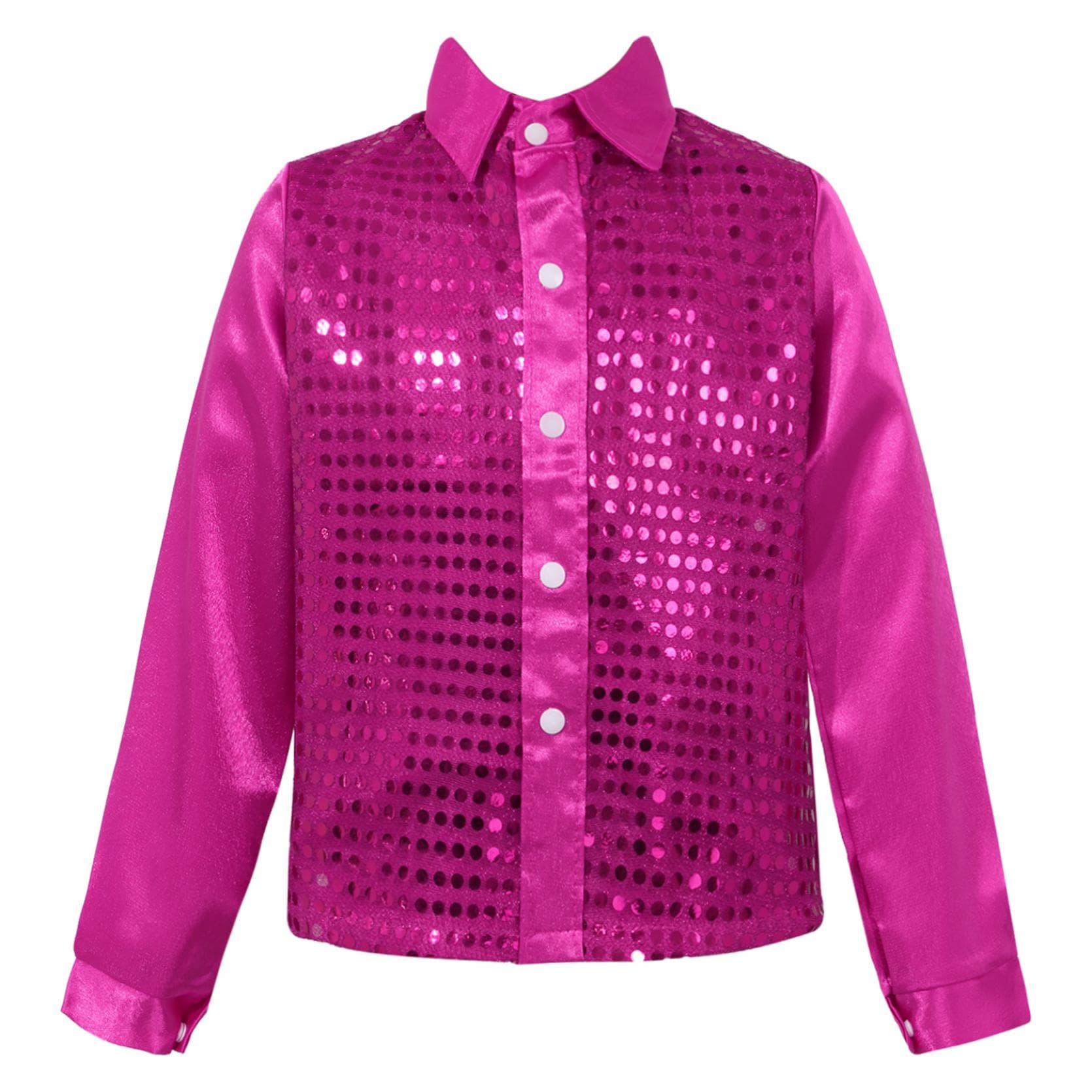 Kids Teens Boys Sequined Long Sleeve Shirt Hip Hop Jazz Disco Dance Shirt Tops Performance Costumes 7-8 Years hot pink