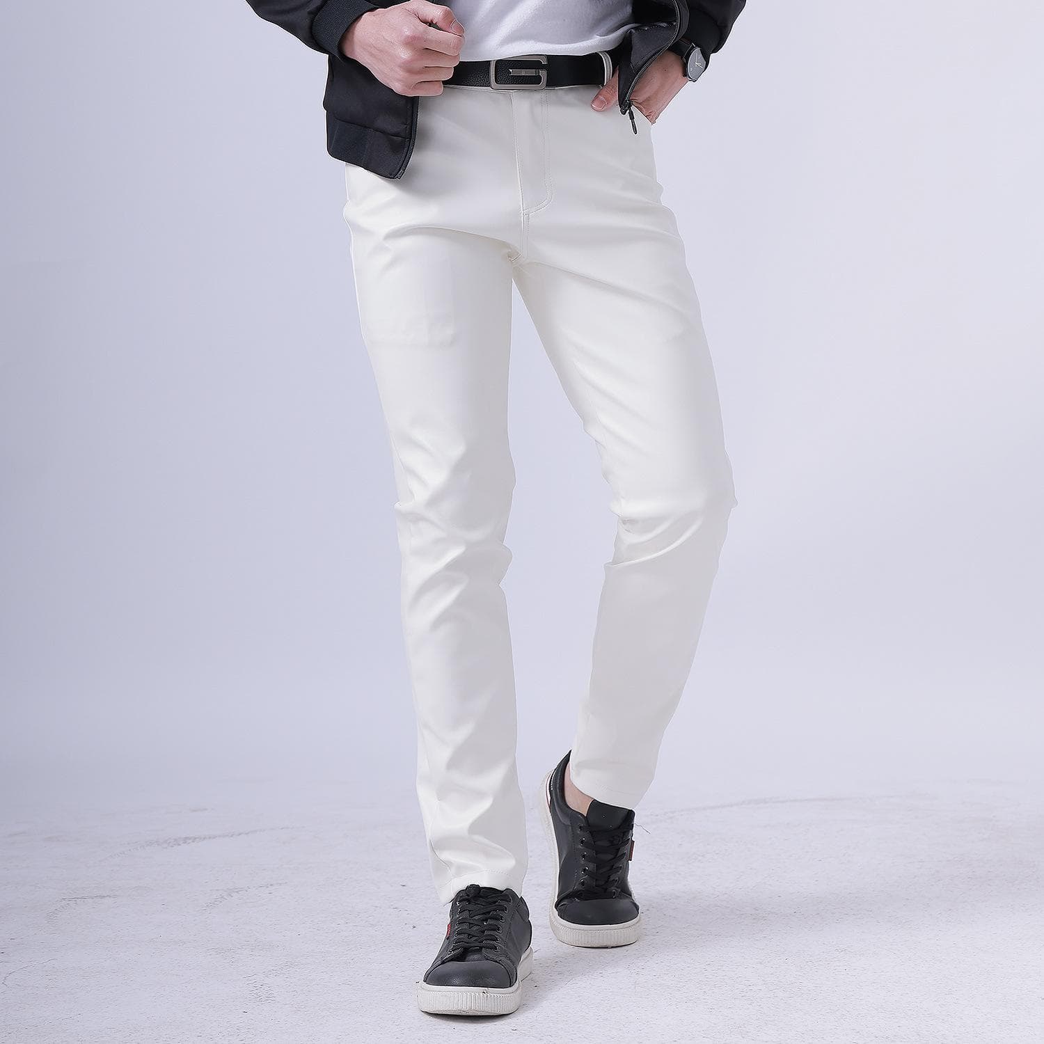 Thin Leather Pants Men's Moto Pants Spring Summer Fashion Color Elastic Slim Fit PU Trousers Windproof Waterproof Man Bottoms 33 white