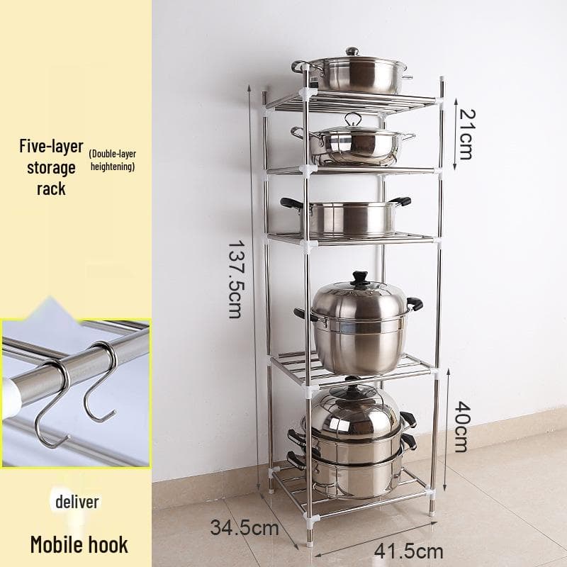 Stainless Steel Multi-Layer Floor-Standing Rack for Kitchen and Bathroom Basin and Pot Storage