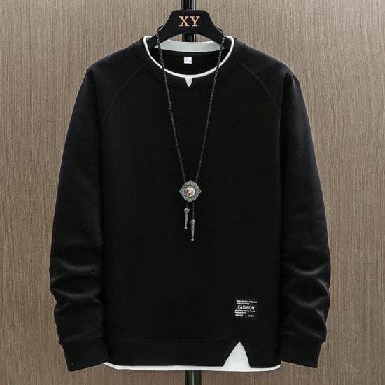 2024 New Mens Casual Sweatshirts Harajuku Solid Color Fashion Fake Two Pieces O-Neck Sweatshirt Hoodies Hip Hop Male Streetwear XXL black
