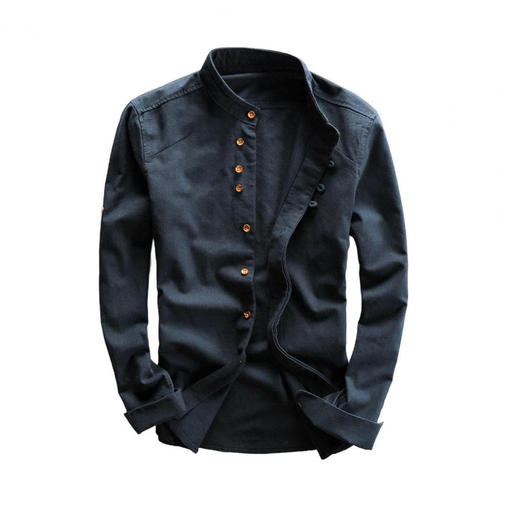 Fall Spring Men Shirt Button-down Stand Collar Long Sleeves Solid Color Cardigan Loose Casual Daily Wear Mid Length Top M navy blue