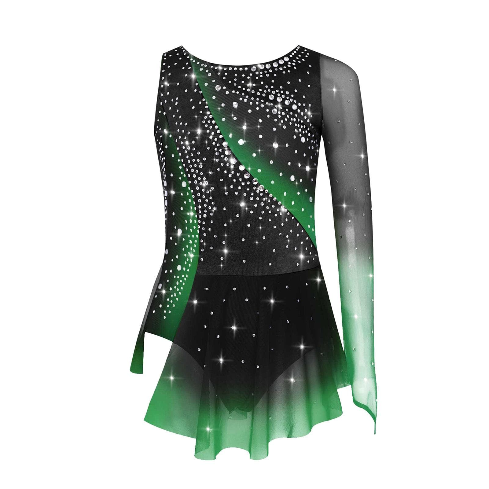 Kids Girls Rhythmic Gymnastics Dress Round Neck Asymmetrical Split Shiny Rhinestones Contrast Color Skirt 5-6 Years dark green
