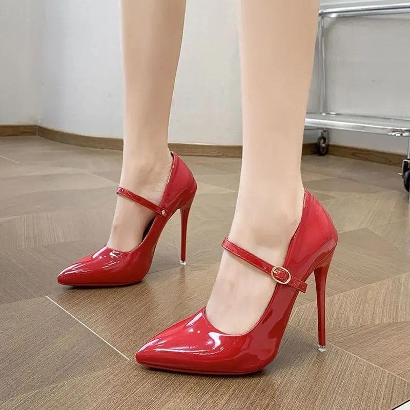 Sexy One Word Buckle High Heels Fashion 12cm Super Heel Lady Party Pumps Large Pointed Toe Stiletto Women's Shoes 39
