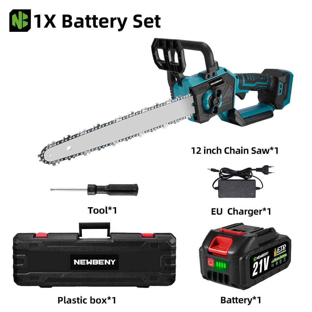 NEWBENY 12 Inch Brushless Electric Chainsaw LED Display Cordless Wood Cutting Garden Logging Saw For Makita 18V Battery 1 Battery Set