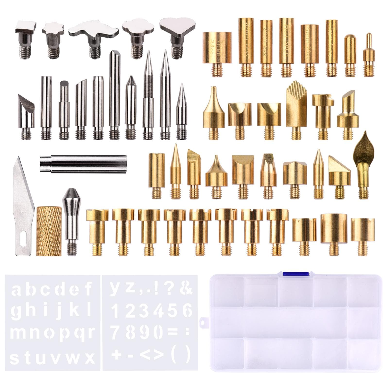 57pcs Wood Burning Pen Tips Set Woodburning Tool Accessories with Stencils Transparent Box for 57pcs Set