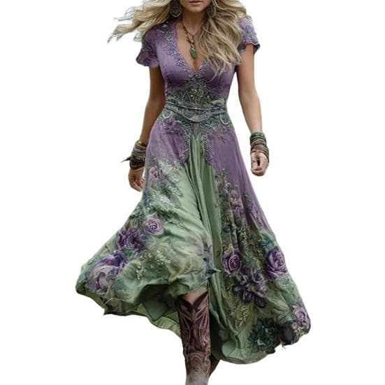Floral Print Maxi Dress Short Neck Swing Sleeve V Dress Boho Flowy A-Line Dress Casual S green