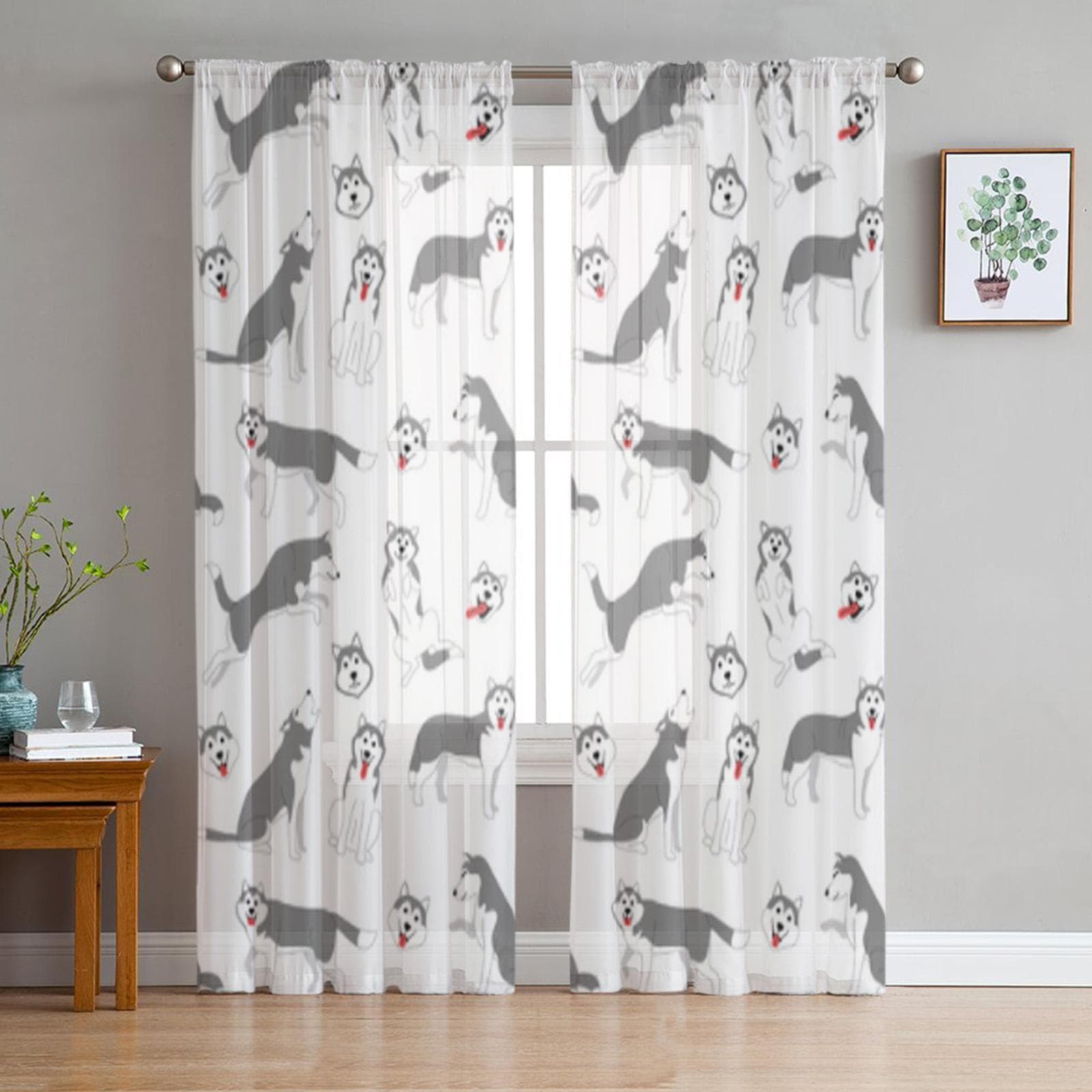 Siberian Husky Dog Poses Dog Breed Sheer Curtains for Living Room Transparent Tulle Window Curtain Bedroom Kitchen Veil Drapes 135W x 114H(cm)