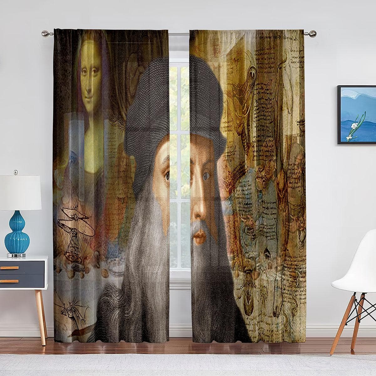 Mona Lisa and Funny Kittens Painting Tulle Curtain for Bedroom Window Curtain Luxury Cafe Hotel Decor Living Room Sheer Drape 1 PCS W100XH250cm&Grommet Top