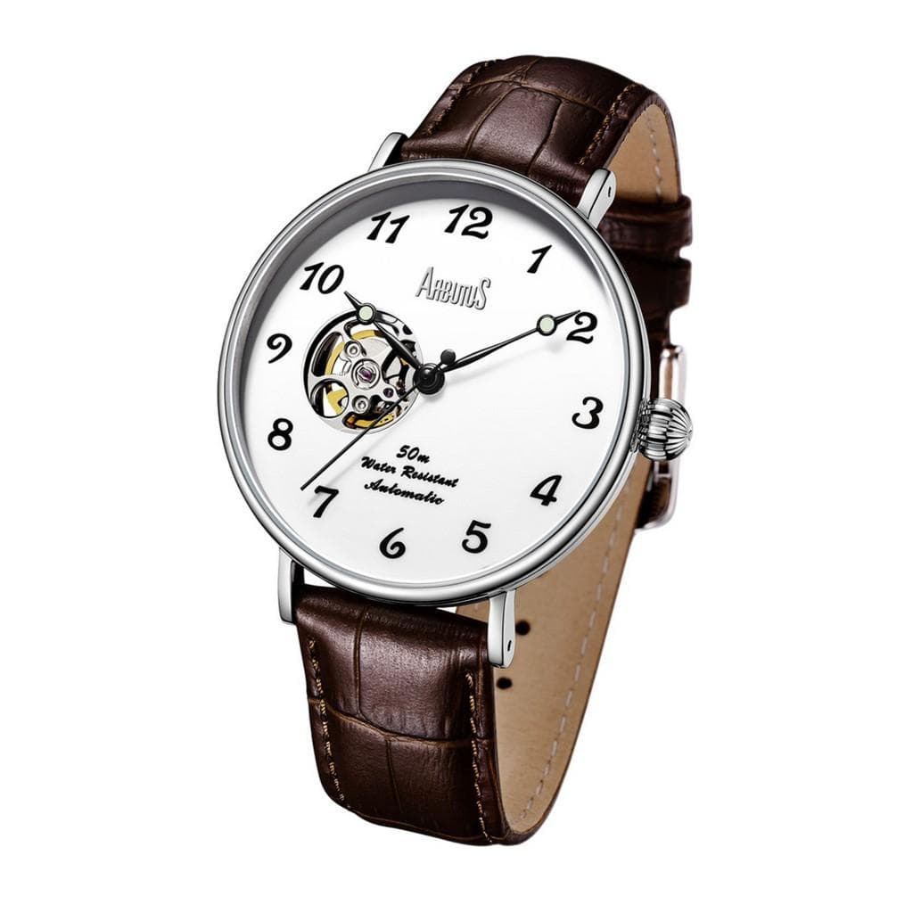 Arbutus Broadway Leather Strap White Open Heart Dial Automatic AR1805SWF Unisex Watch white