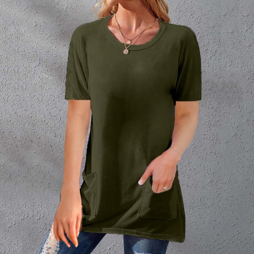 Summer Women's T-shirt Solid Color Tops Short Sleeve Loose Crew Neck Pocket T-shirt L army green