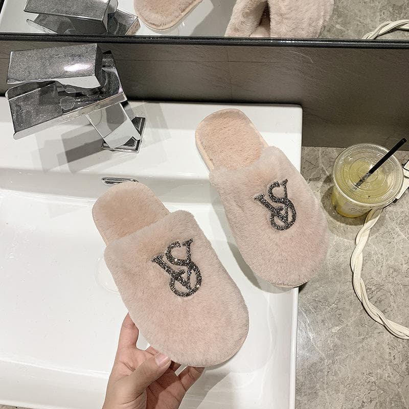 Fashion Hairy Cotton Slippers Women Autumn Winter New Warm Footwear Home Bright Diamond Slippers Fashion Outer Wear Women's Flat Shoes 36-37 pink
