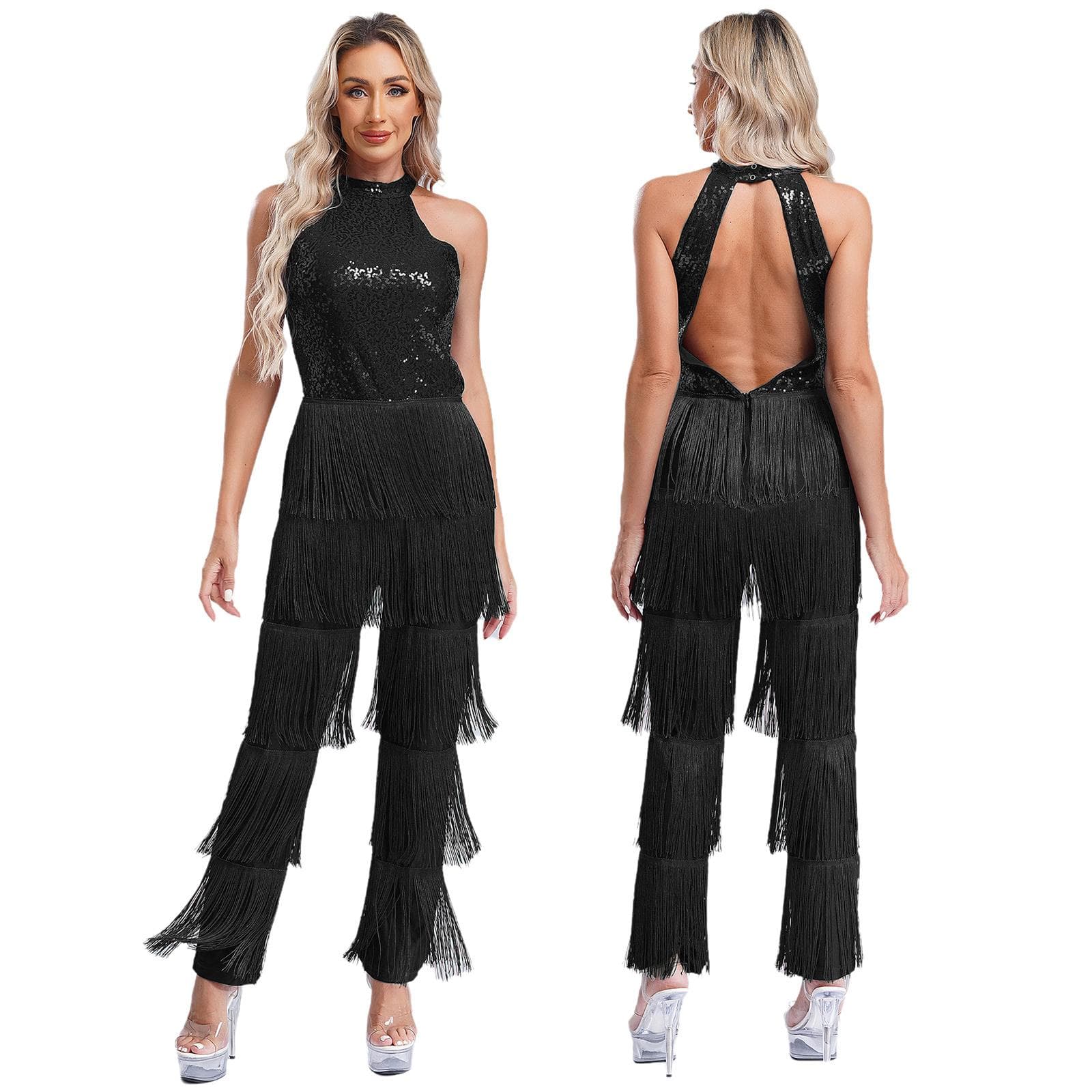 Women Sleeveless Jazz Costume Flowy Tassel Rompers Performance Dancewear Fringe Jumpsuit Tango Cha-Cha Samba Dancing Party Dress 4XL black