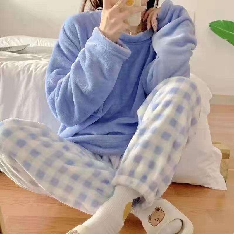 Autumn New Warm Round NeckLong Sleeve 2 Piece Outfit Set Women Plush Home Clothes for Women Cute Printing Pajamas for Girls M blue