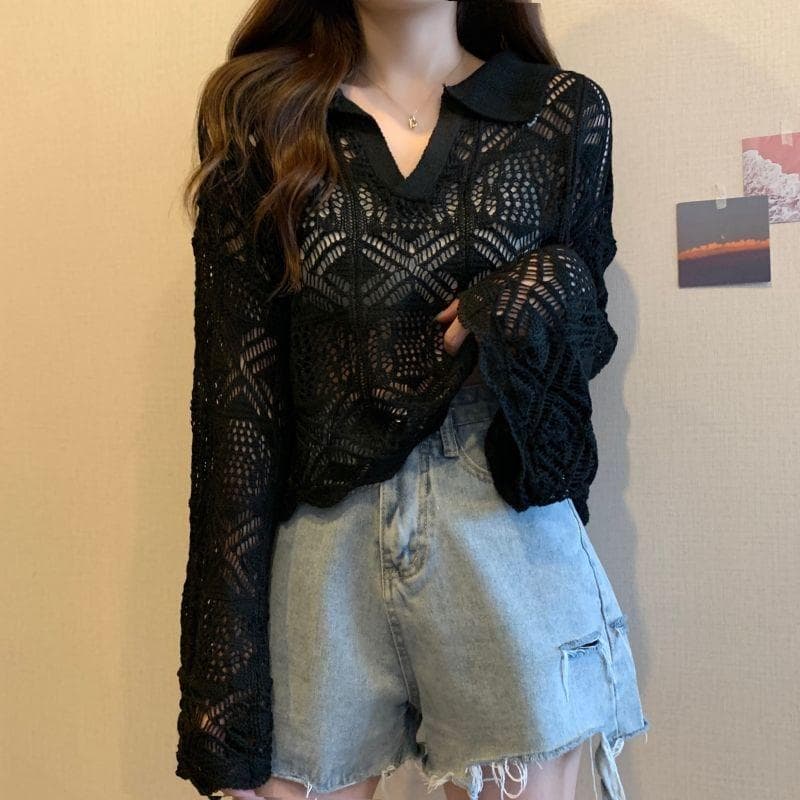 Cut-out Sunscreen Blouse Long-sleeved Knit Women's Short Loose Outer Polo Collar Top XL black