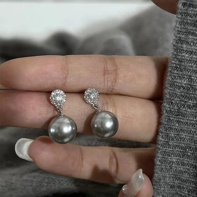 Temperament White Grey Simulation Pearl Zircon Stud Earrings For Women Fashion Drop Earrings Jewelry Gifts grey