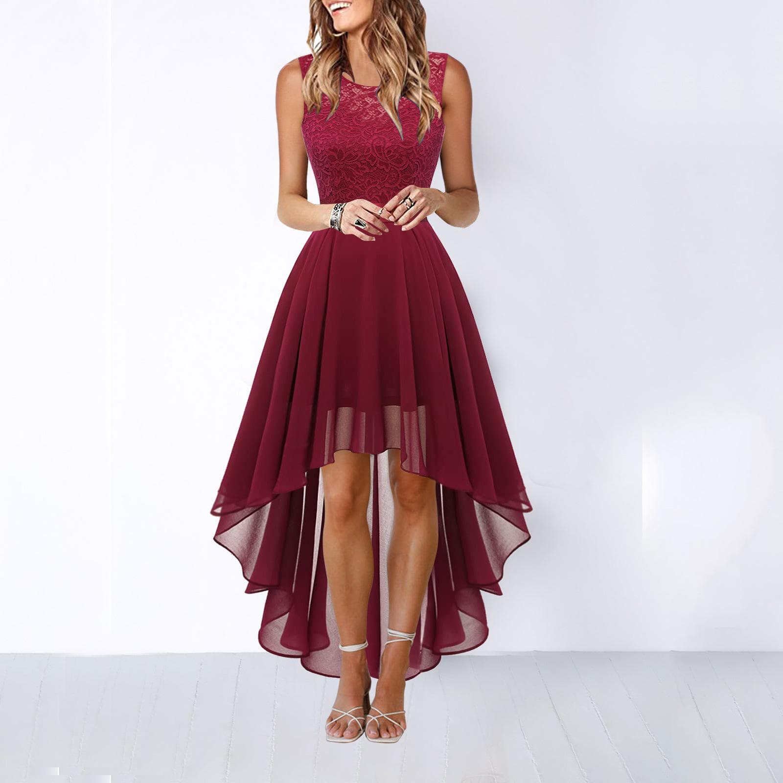 Women Lace Sleeveless Chiffon Round Neck Solid Color Big Swing Irregular Long Dress Wedding Elegant Party Evening Dress 2XL wine red