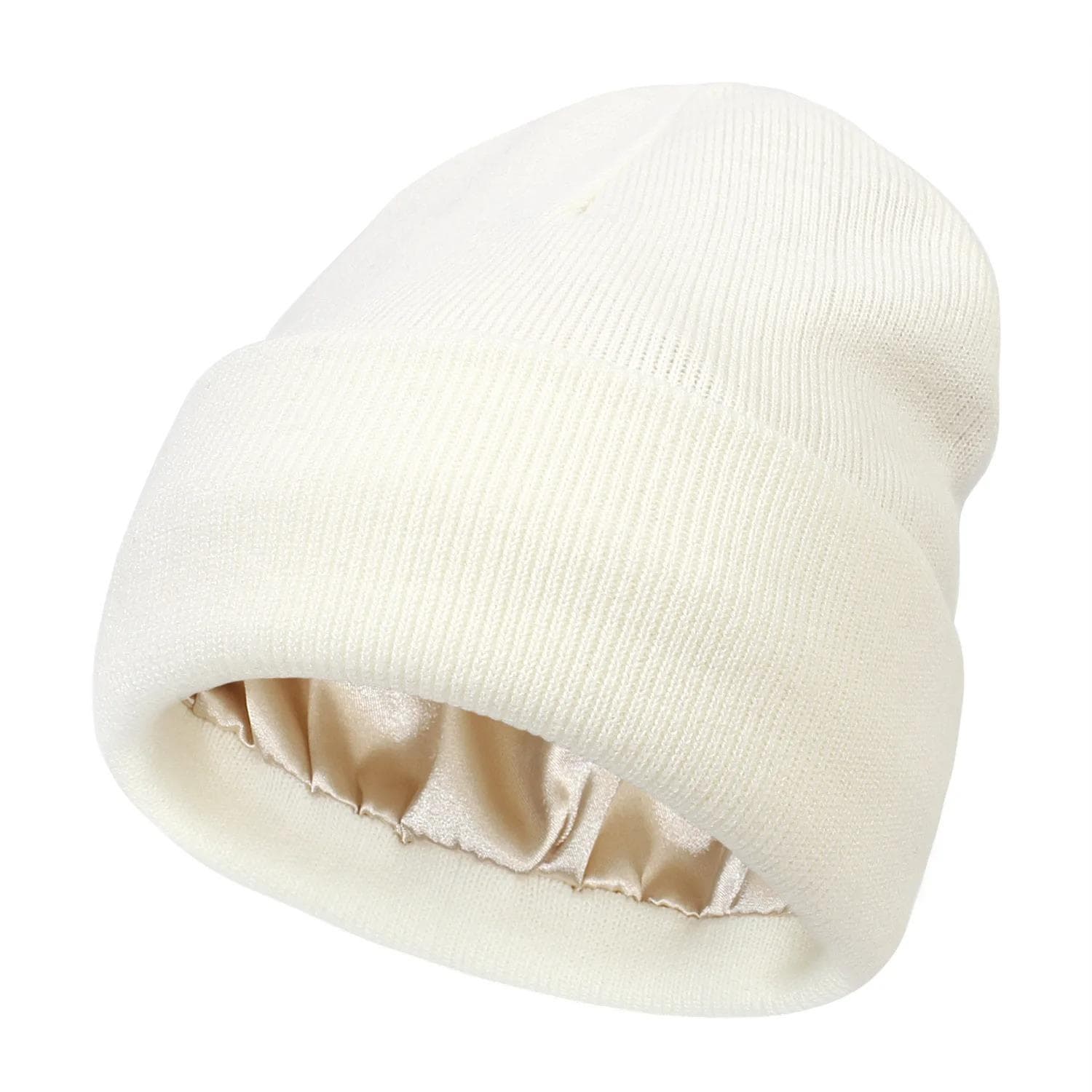 Unisex Satin Lined Anti Static Beanie Hat For Women Winter Silk Lining Slouchy Warm Cuffed Skullies Outdoor Cap white
