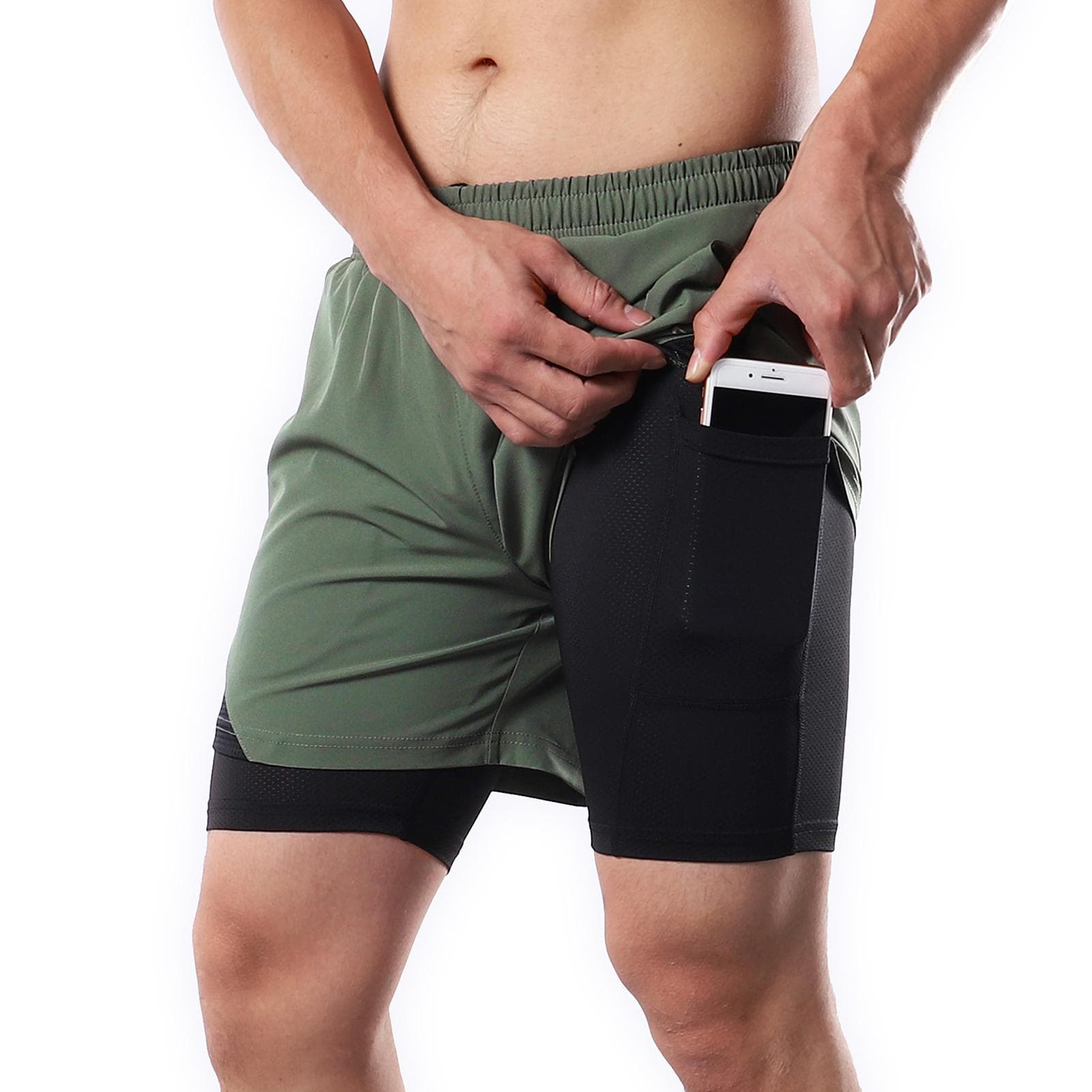 2-In-1 Men Running Shorts with Towel Loop Pockets Quick Dry Exercise Shorts for Training Gym Workout L army green