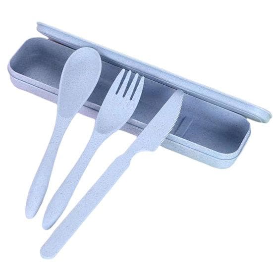 3Pcs Reusable Portable Cutlery Set with Storage Box Good Grip Plastic Kids Adult Spoon Fork Cutter blue