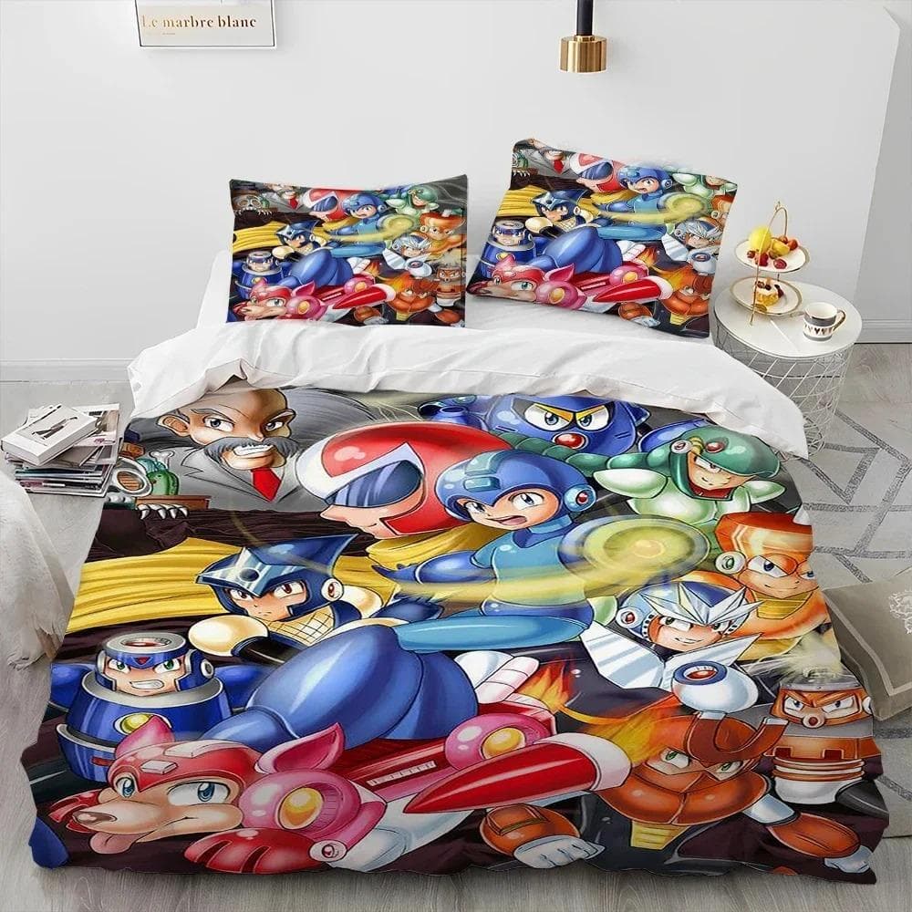 3D Rockman Megaman Game Cartoon Comforter Bedding Set,Duvet Cover Bed Set Quilt Cover Pillowcase,king Queen Size Bedding Set Kid 70x133cm 2pcs