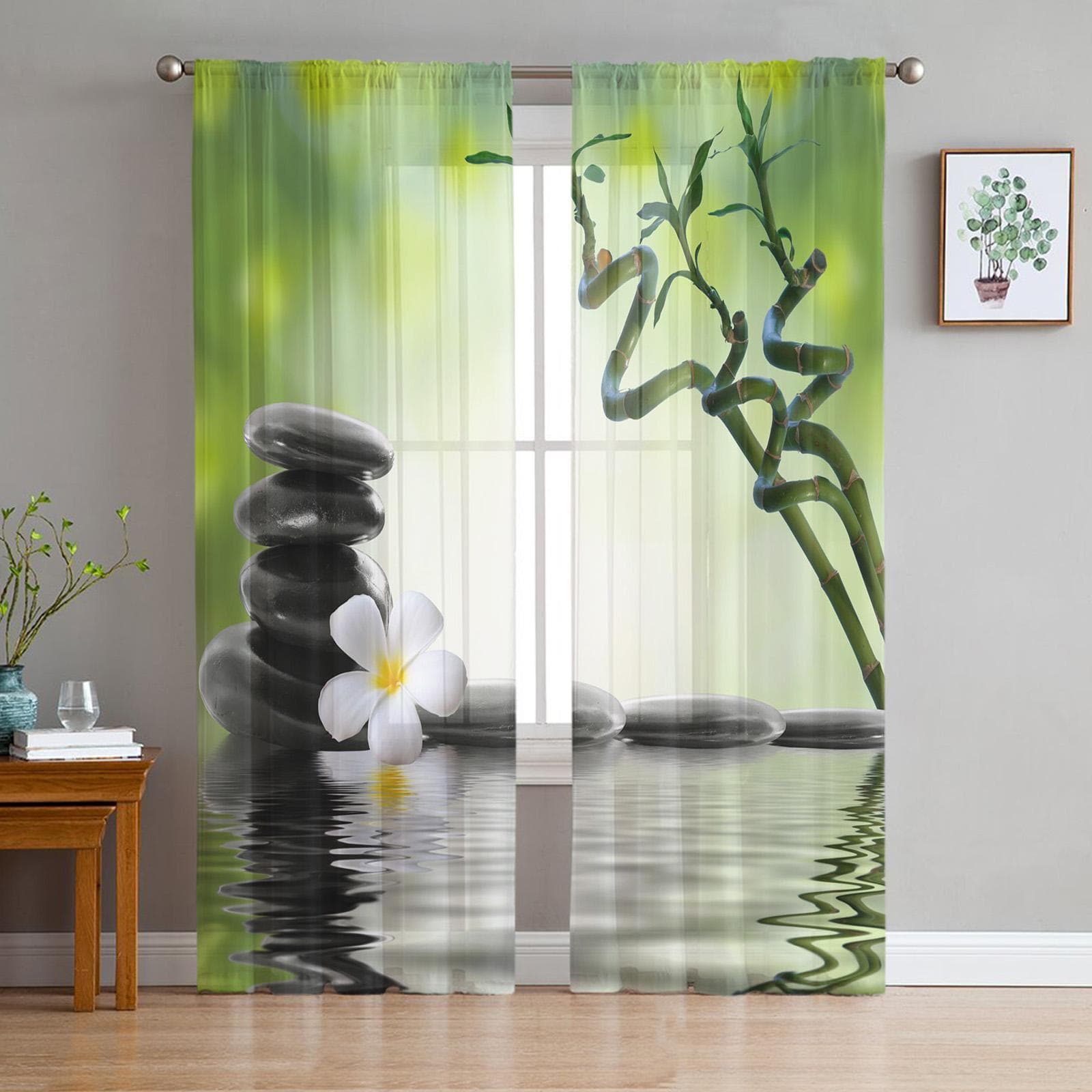 Zen Stone Green Bamboo Forest Water Sheer Curtains for Living Room Voile Curtain Bedroom Bathroom Tulle Curtains Window Drapes 135W x 114H(cm)
