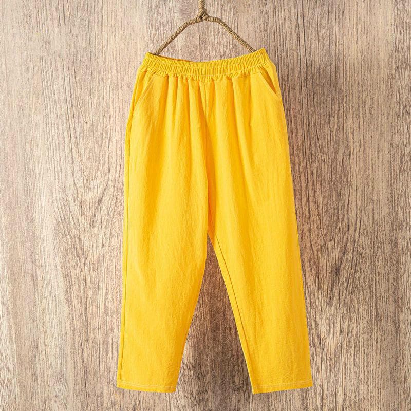 Women Summer Casual Loose Harem Pants Elastic Waist Cotton Linen Pants Ninth Trousers XXL yellow