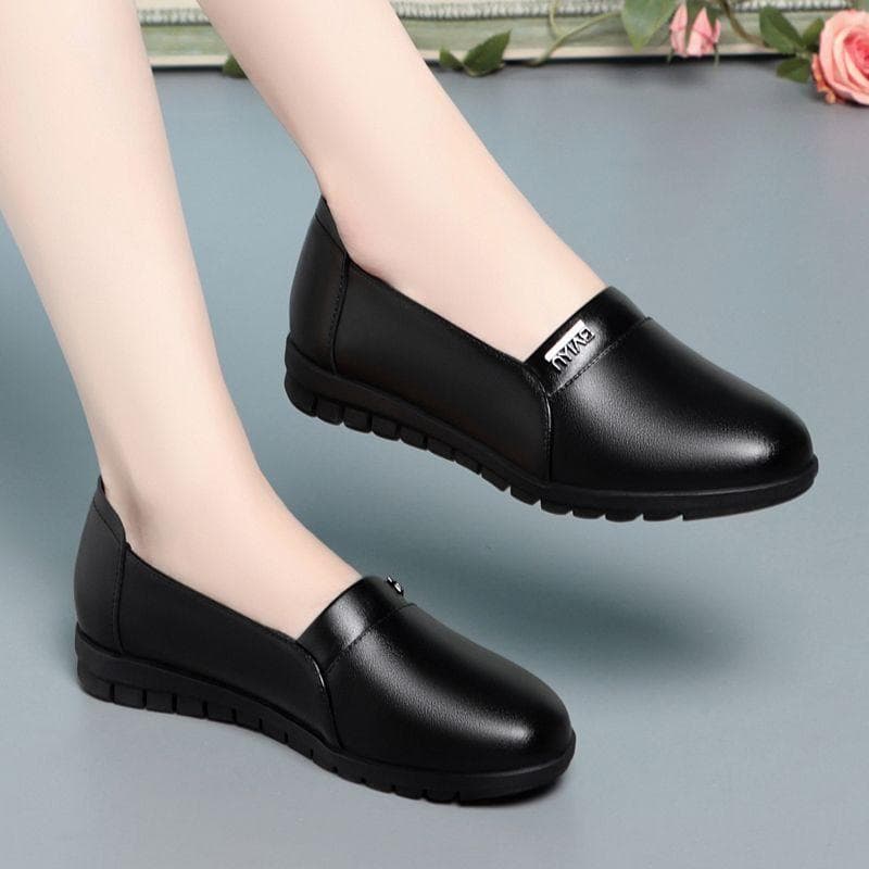 Spring and Autumn Women's Shoes, Middle-aged and Elderly Leather Shoes, Flat Bottomed, Non Slip, Comfortable, Soft Soled, Single Shoes for Women 40 black