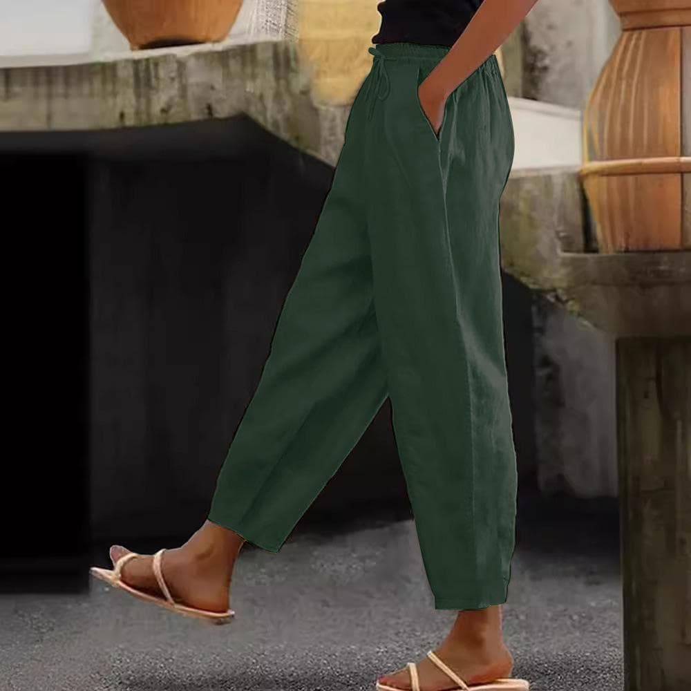 Women's Cotton Linen Trouser Solid Color Elasticated Waist Trousers Casual Straight Leg Bottoms with Pockets 4XL army green