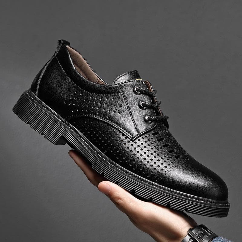 Summer New Youth Tooling Shoes Men's Trendy Casual Simple Hollow Mesh Leather Shoes Breathable Leather Men's Hole Shoes 44 black