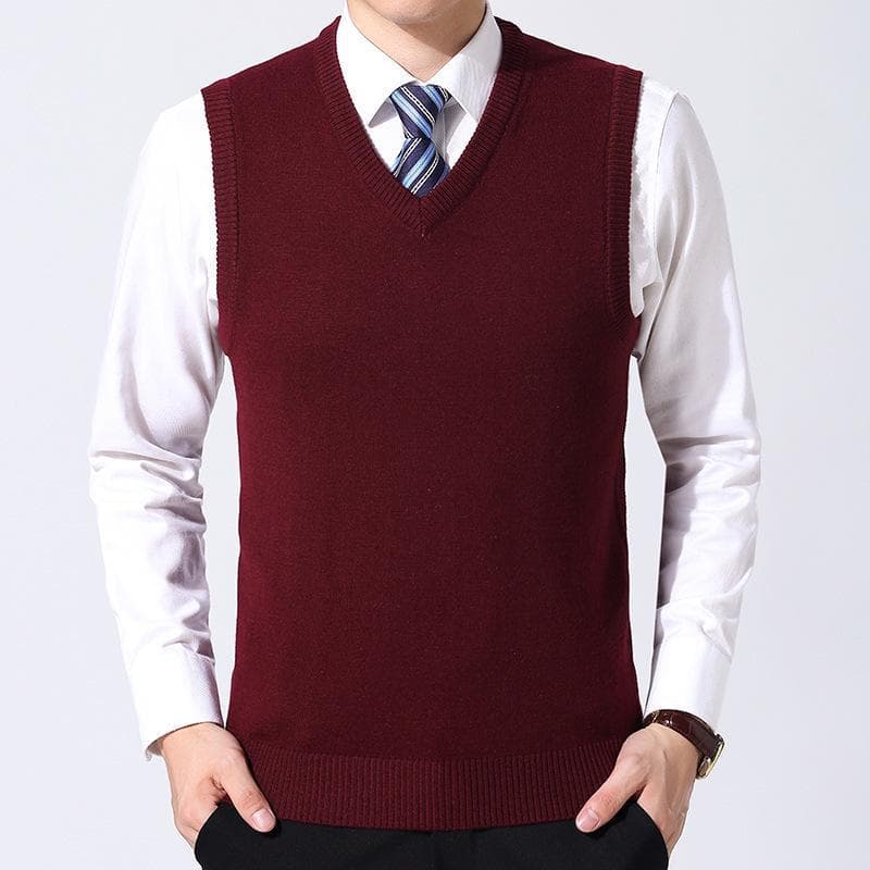 2023 Men's Wool V-Neck Sweater Vest - Solid Color, Autumn & Winter Collection for Business & Casual Wear 170/L wine red
