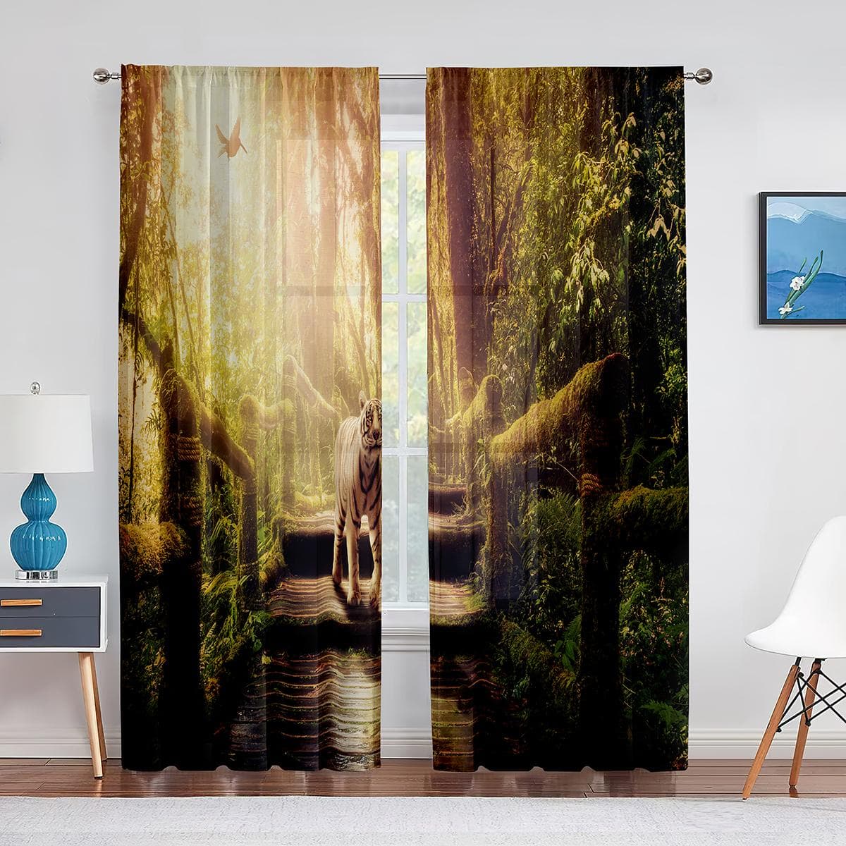 Tropical Jungle Cartoon Animals Theme Sheer Voile Curtains for Living Room Bedroom Kitchen Window Decor Window Tulle Curtains 1 PCS W100XH250cm&Grommet Top