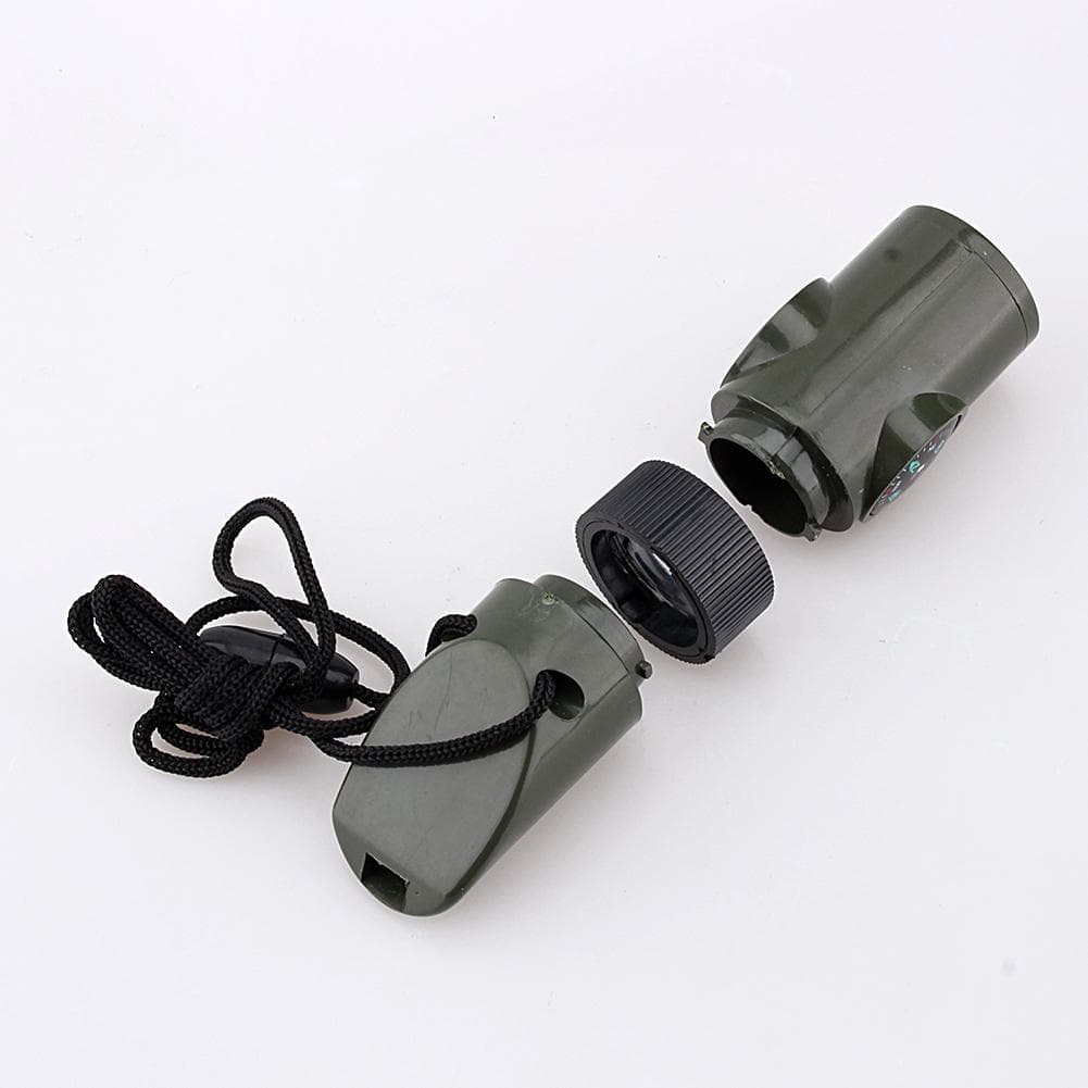 New 7 in 1 Camping Survival Whistle Compass Thermometer Flashlight Magnifier Kit