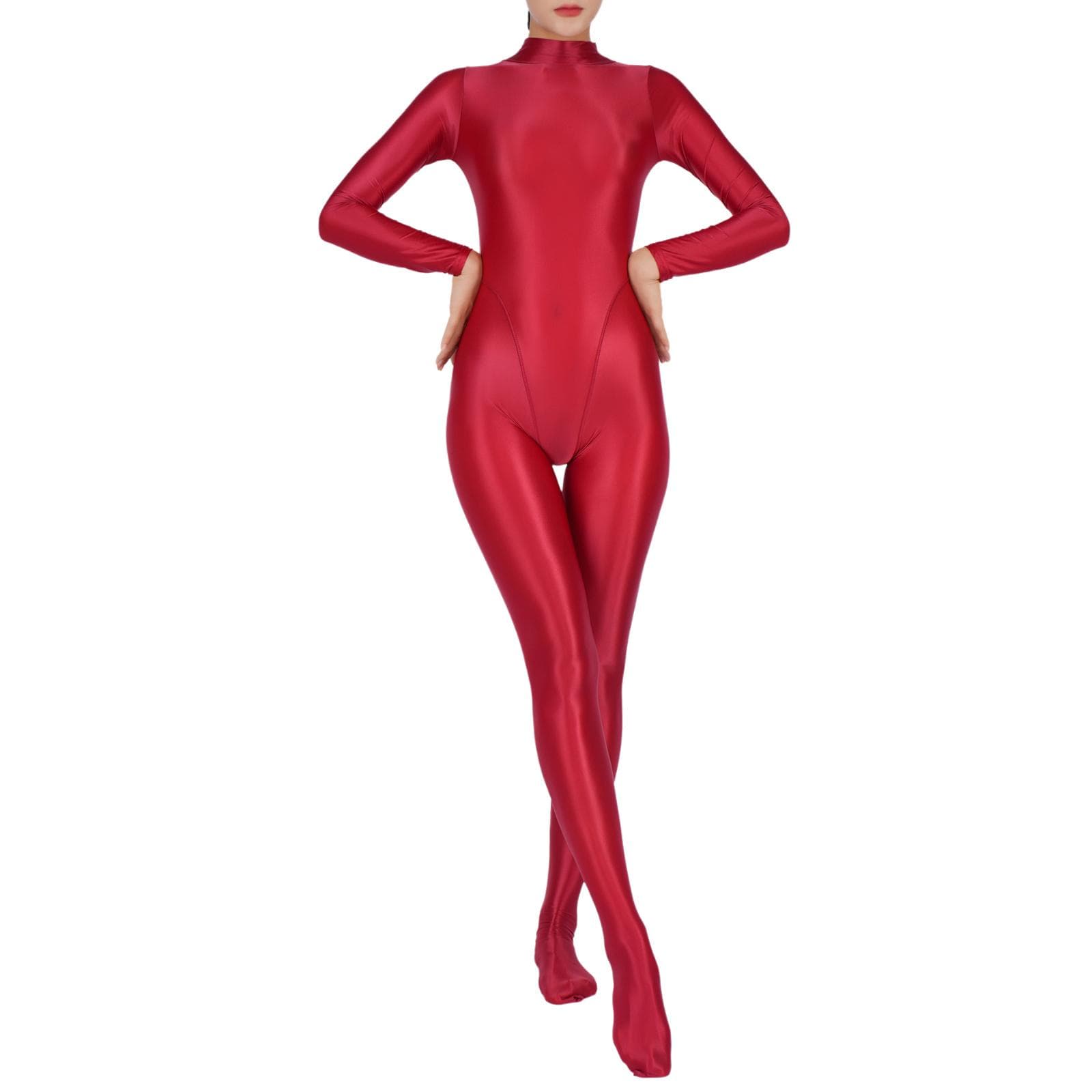Womens Full Body Jumpsuit Sports Gym Yoga Tights Bodysuit Mock Neck Long Sleeve Footed One Piece Jumpsuit Clubwear Sportwear 3XL burgundy