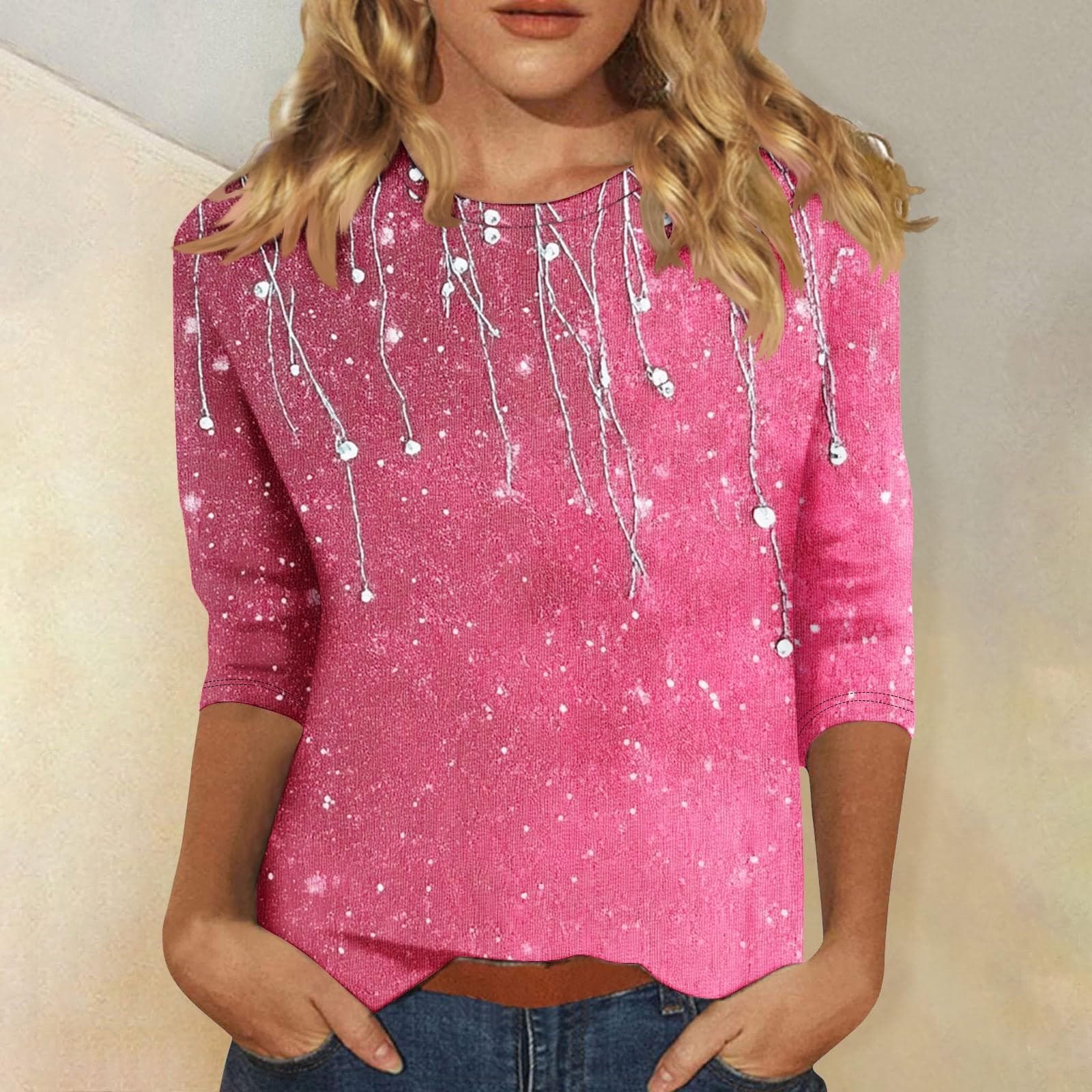 Women's Fashion Casual Three-quarter Sleeve Floral Print  Neck Top M pink