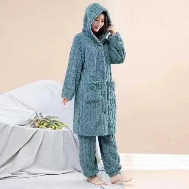 Over-the-knee Pajamas Ms. Coral Fleece Pajama Set Wide and Comfortable Hooded Flannel Thick Mom Night Gown Autumn and Winter XL