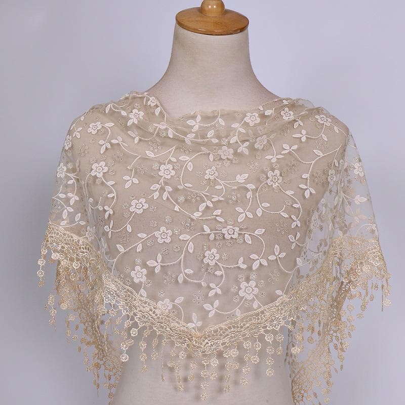 160*50cm Women Tassel Triangle Scarf for Church Prayer Shawl Embroidered Lace Veil Floral Headcovering Veils for The Church's 160CM beige