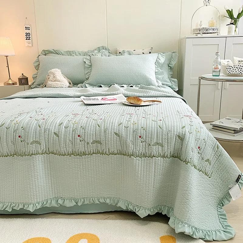 New Chiffon Summer Quilt Set Quilted Girl Heart Washed Cotton Ruffled Double Bed Cover 150x200cm 1pcs