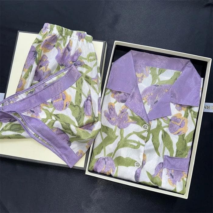 New Summer Ladies Faux Stain Pajamas Set Casual Shorts and Top Two Piece Set Flower Soft Faux Silk Home Service Set Woman M