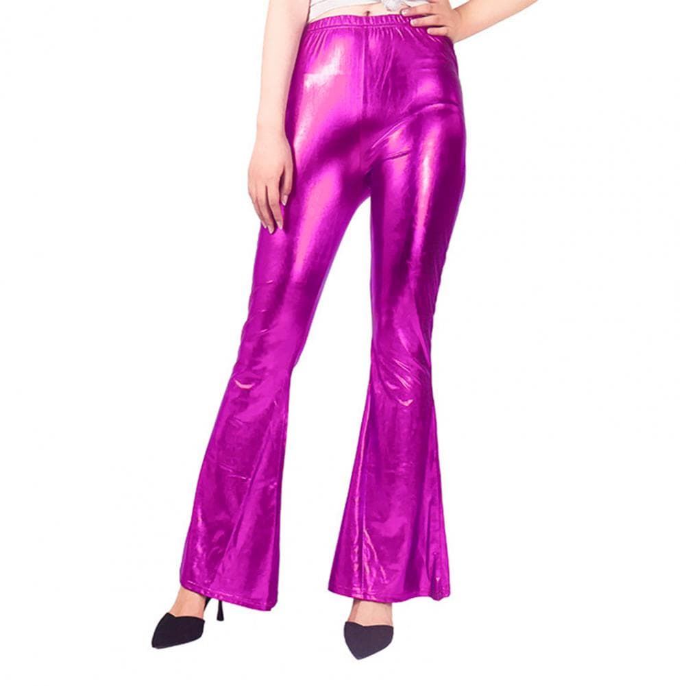 Women Long Trousers Elegant Women's Flared Pants for Performances Parties Mid-rise Imitation Leather Trousers with Glossy L rose red