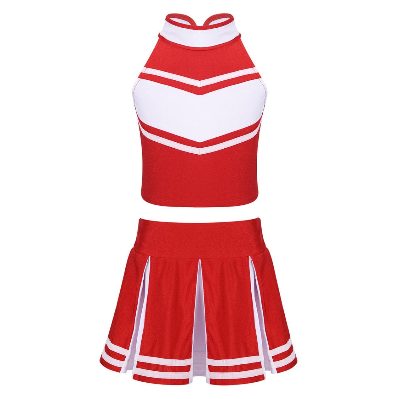 Kids Cheerleading Outfit 2Pcs Girls Dance Cheerleading Stage Performance Costumes Sleeveless Tops with Skirt 14-16 Years red