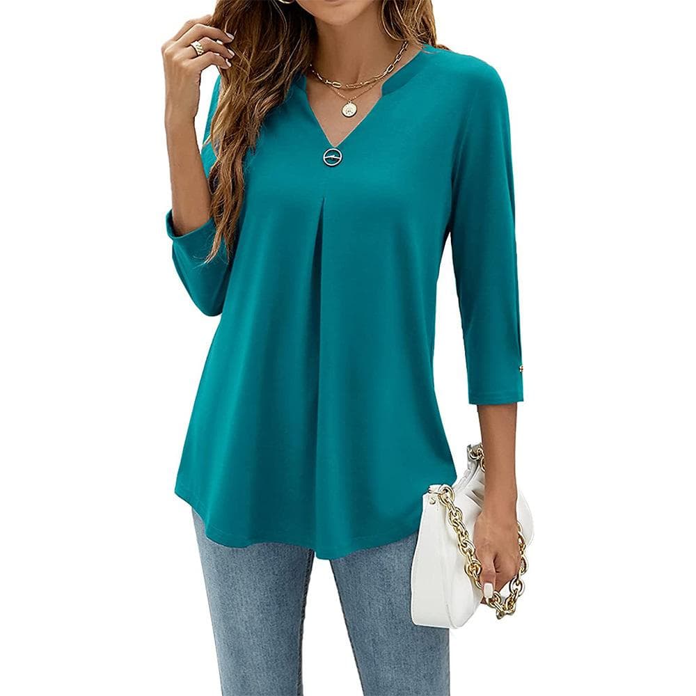 Plus Size Women's Autumn Fashion New V Neck Top M peacock blue