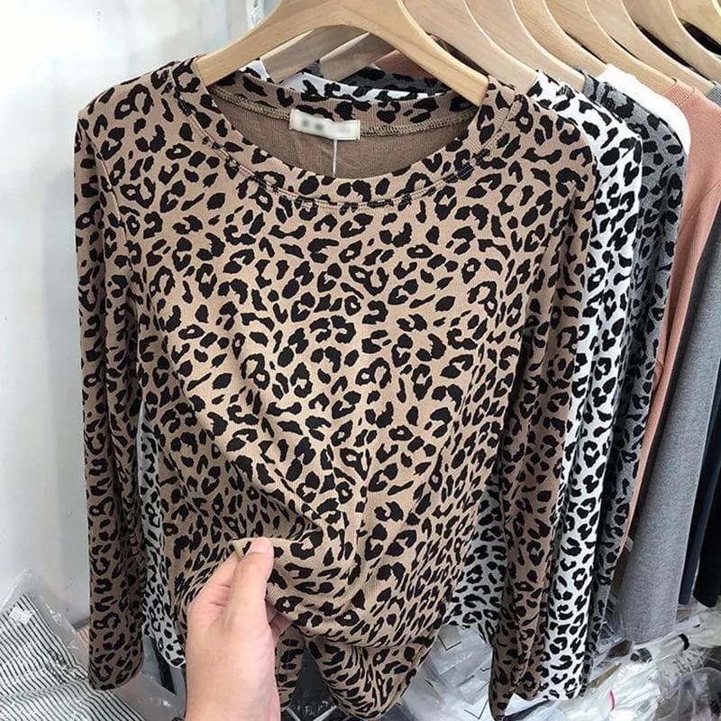 Leopard Print T-Shirts Women Long Sleeve Spring Fall Slim Korean Blouses Female All-match Casual O-Neck Tops L khaki