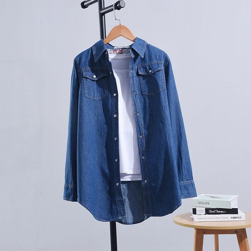 Women Shirt Denim Tops Casual Thick Pockets Single Breasted Button Up Lapel Long Sleeve Shirt XXXL blue