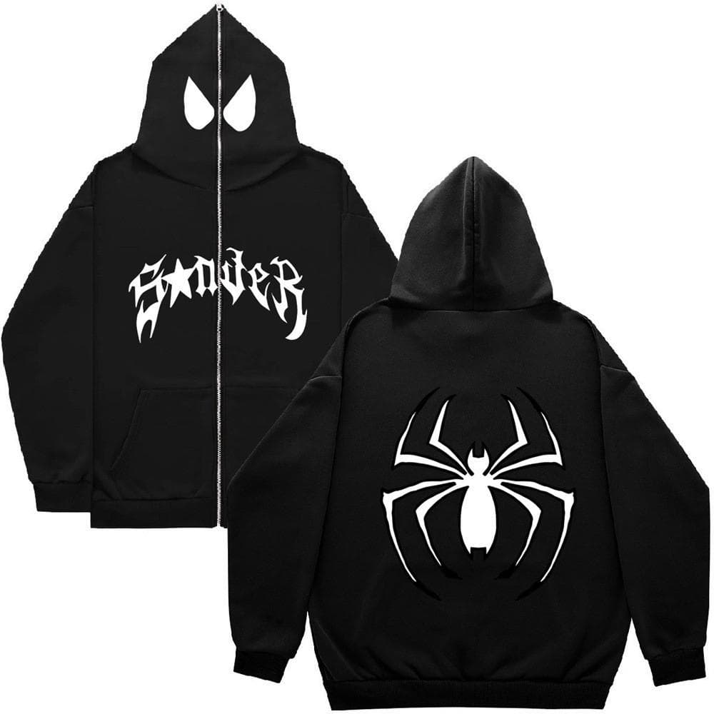 Y2k Women Spider Print Hoodies Women Hip Hop Zipper Long Sleeve Jacket Coats Autumn Winter Harajuku Casual Loose Hooded Sweatshirt XL