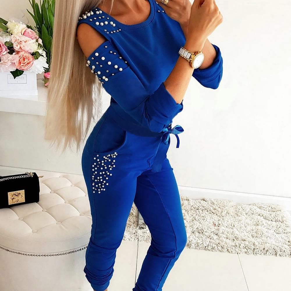 Women 2pcs Tracksuit Sports Suit Off-the-shoulder Beaded Solid Color Round Neck Top Pants Suits M blue